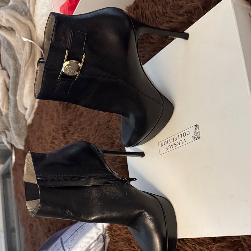 Versace Collection Black Boots with Gold Buckle